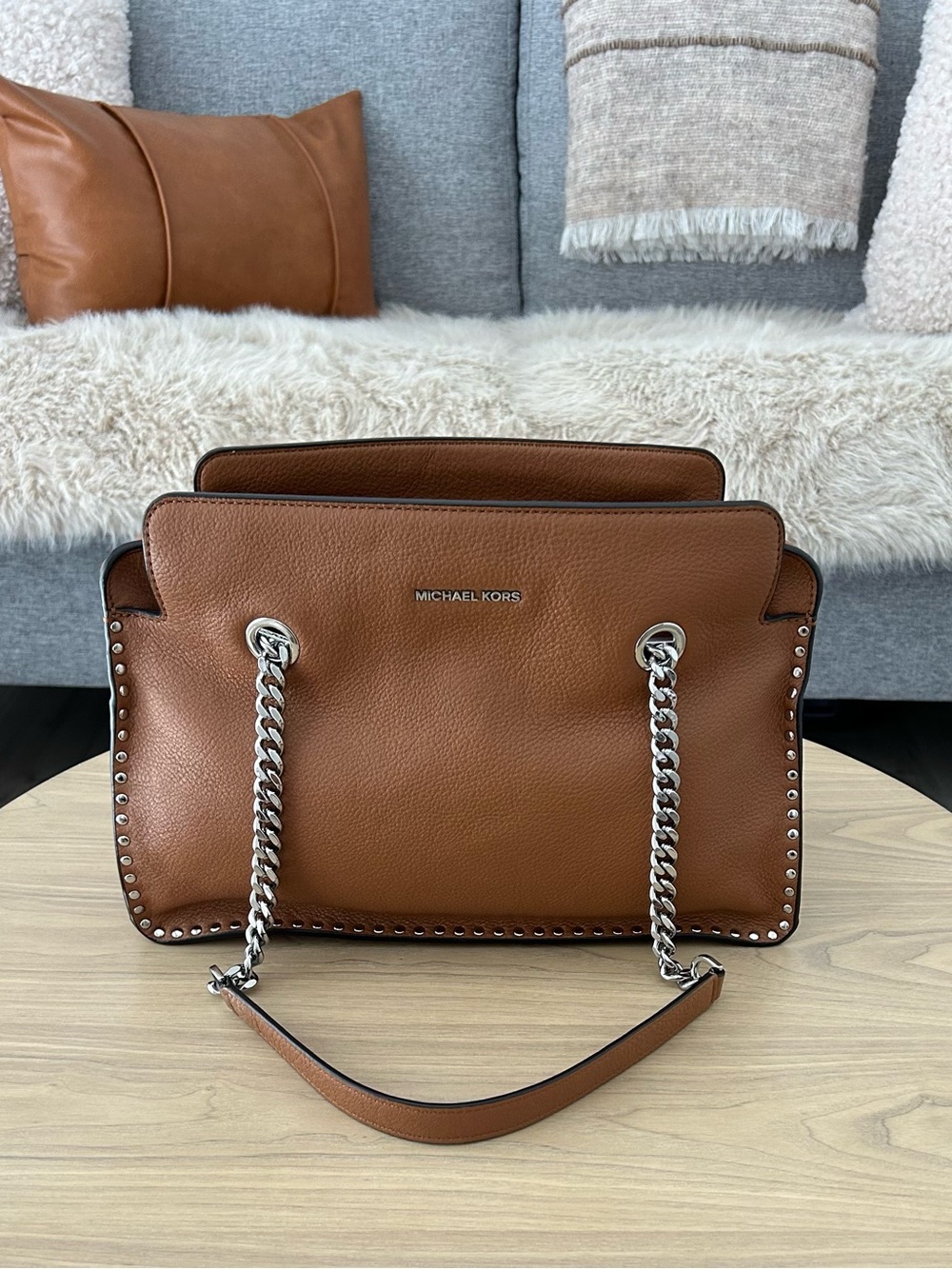 Michael Kors Large Astor Studded Leather Satchel in Acorn